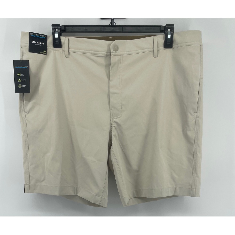 Roundtree & Yorke Performance Shorts Men 42 Tan Straight Fit 9" Inseam Golf NWT